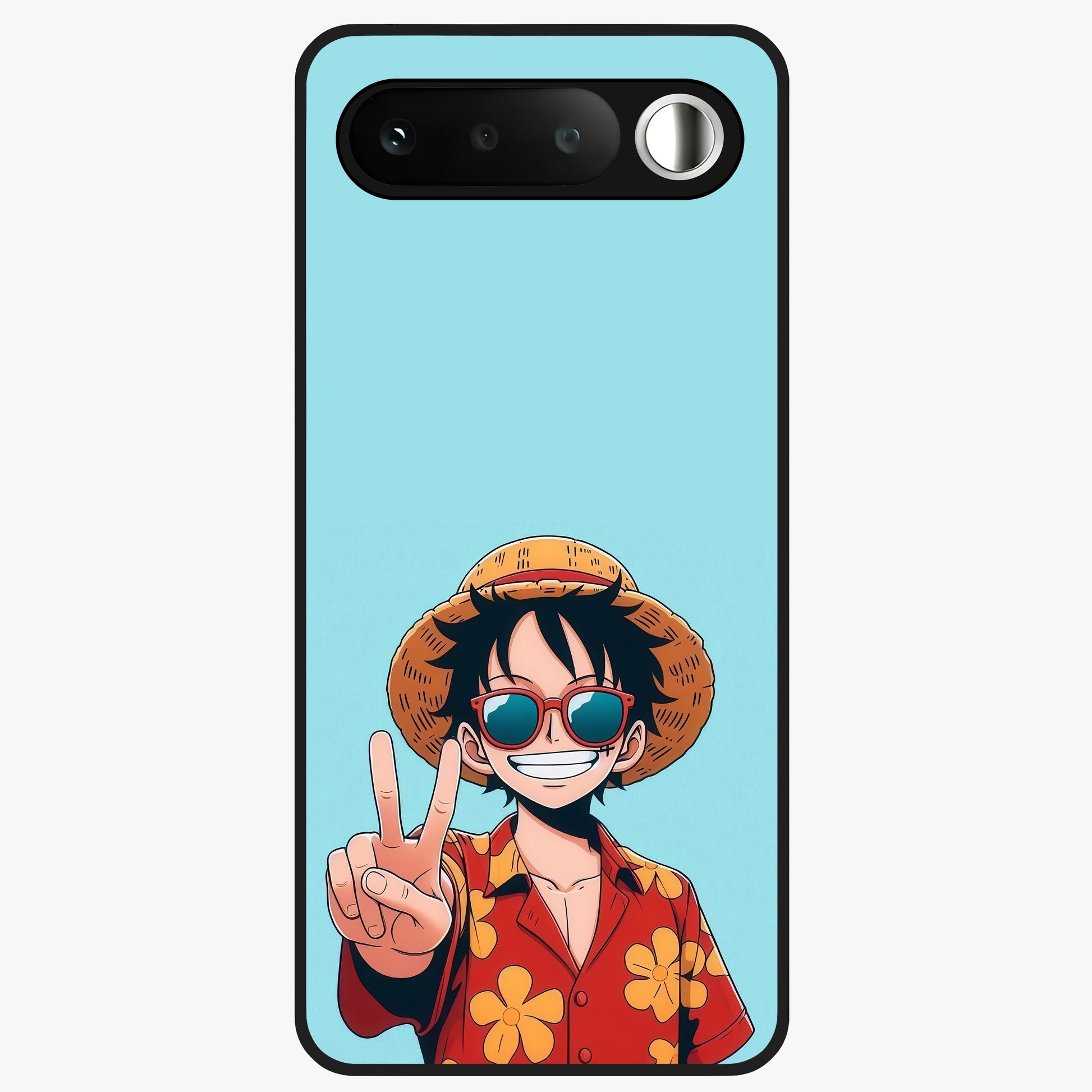 Luffy Summer Anime Vibe Glass Case showing flat back view with vibrant anime character artwork and glossy glass finish.