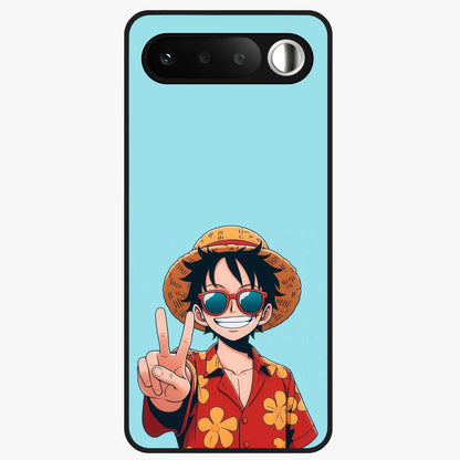 Luffy Summer Anime Vibe Glass Case showing flat back view with vibrant anime character artwork and glossy glass finish.