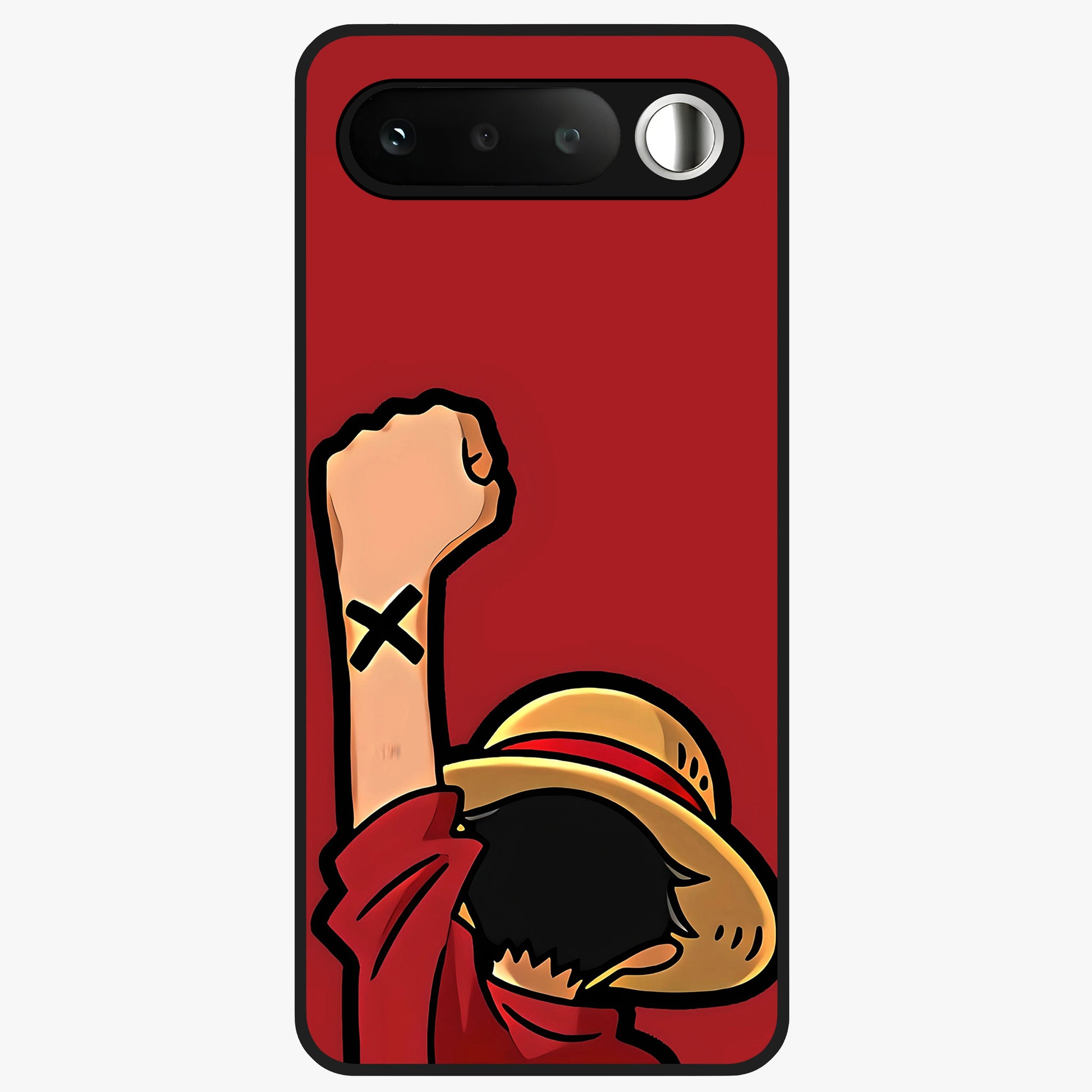 Luffy X Spirit Glass Case showing flat back view with bold anime character artwork and glossy glass finish.