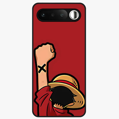 Luffy X Spirit Glass Case showing flat back view with bold anime character artwork and glossy glass finish.
