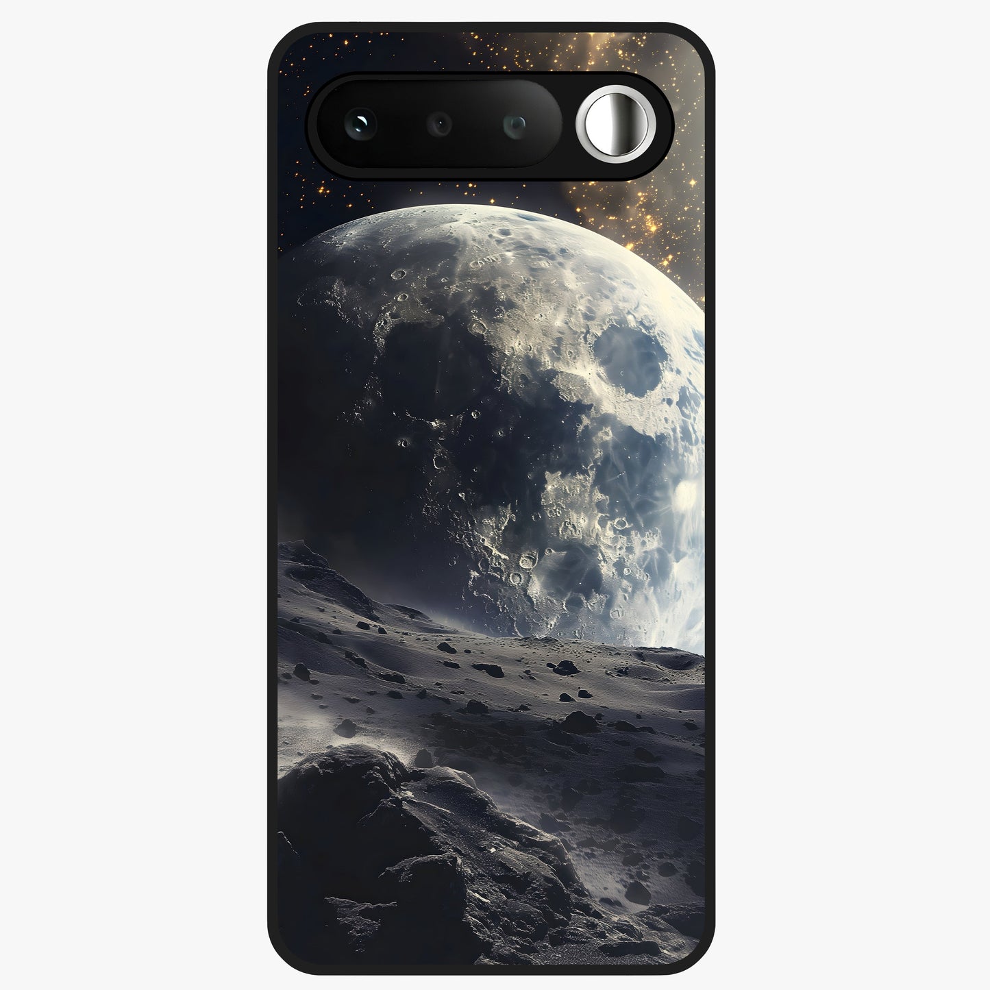 Lunar Horizon Glow Glass Case showing flat back view with glowing moon horizon artwork and glossy glass finish.