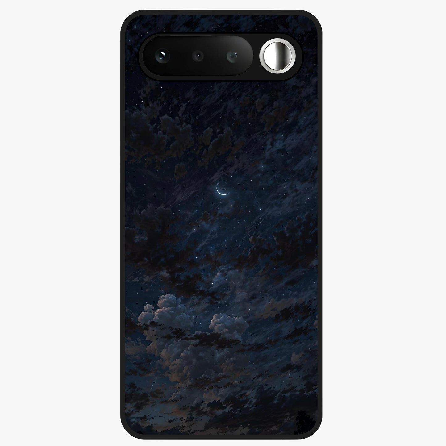 Lunar Veil Silence Glass Case showing flat back view with mystical moon veil artwork and glossy glass finish.