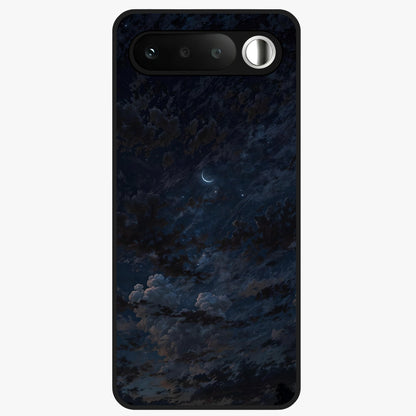 Lunar Veil Silence Glass Case showing flat back view with mystical moon veil artwork and glossy glass finish.