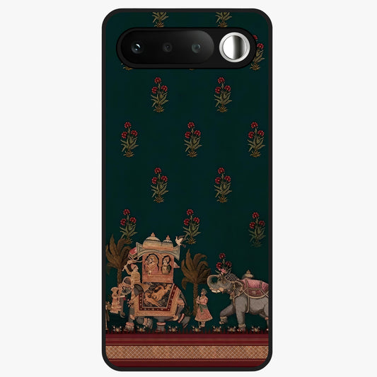 Macmerise Glass Case showing flat back view with stylish modern artwork and glossy glass finish.