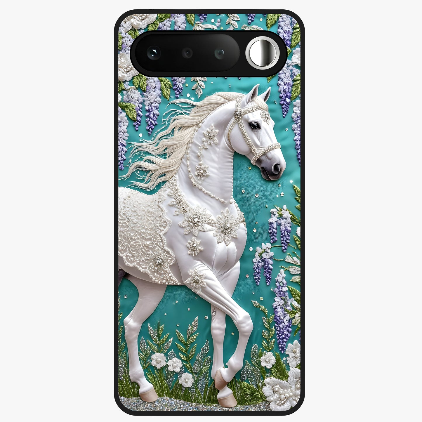 Majestic Floral Stallion Glass Case showing flat back view with powerful horse and floral artwork and glossy glass finish.