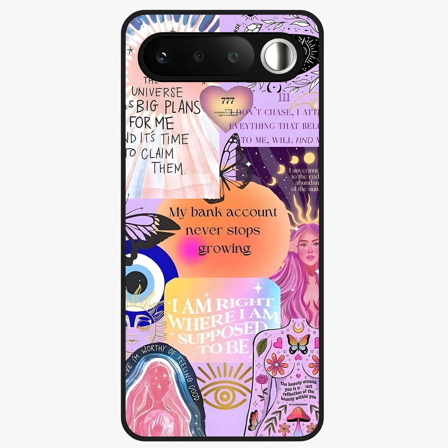 Manifestation Collage Glass Case showing flat back view with motivational collage artwork and glossy glass finish.