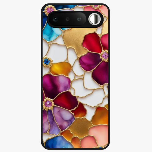 Marble Flower Pattern Glass Case showing flat back view with marble texture floral artwork and glossy glass finish.
