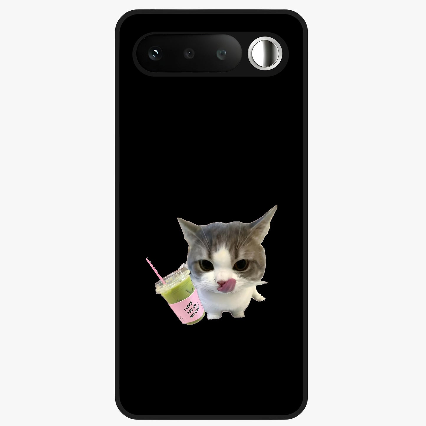 Matcha Cat Style Glass Case showing flat back view with cute matcha themed cat artwork and glossy glass finish.