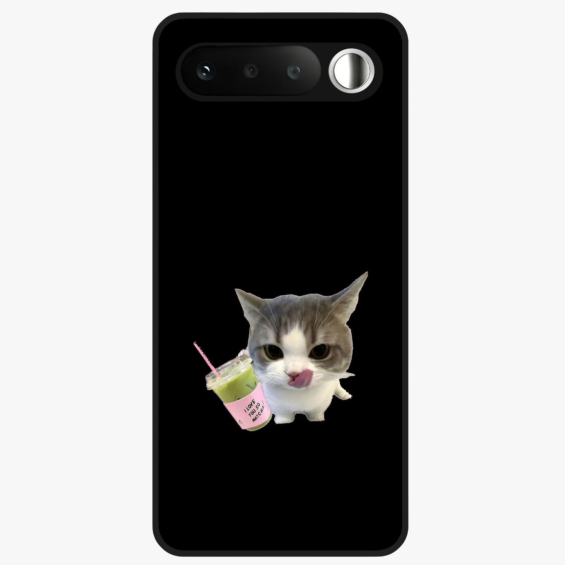Matcha Cat Style Glass Case showing flat back view with cute matcha themed cat artwork and glossy glass finish.
