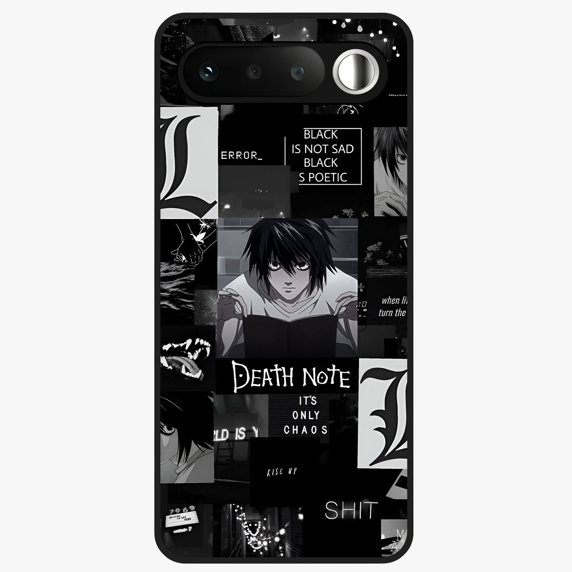 Midnight Chaos Mind Glass Case showing flat back view with abstract dark themed artwork and glossy glass finish.