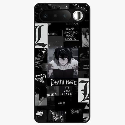 Midnight Chaos Mind Glass Case showing flat back view with abstract dark themed artwork and glossy glass finish.