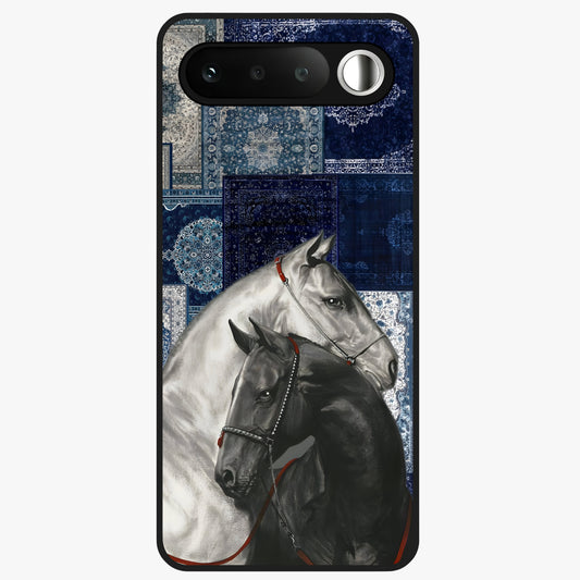 Midnight Stallion Blues Glass Case showing flat back view with majestic horse artwork and glossy glass finish.