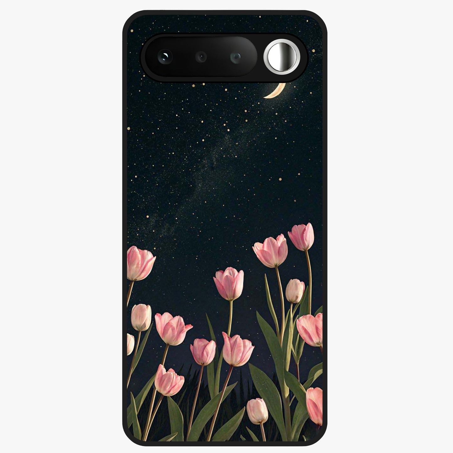 Midnight Tulip Whispers Vibe Glass Case showing flat back view with elegant tulip flower artwork and glossy glass finish.