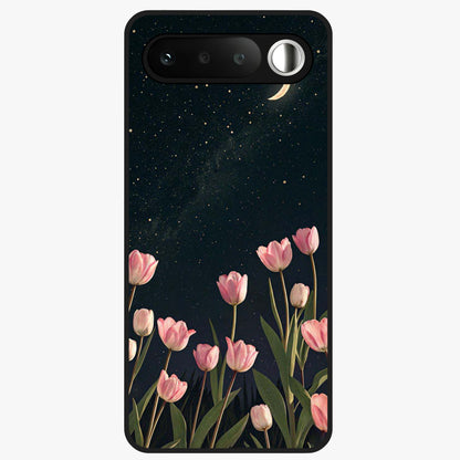Midnight Tulip Whispers Vibe Glass Case showing flat back view with elegant tulip flower artwork and glossy glass finish.