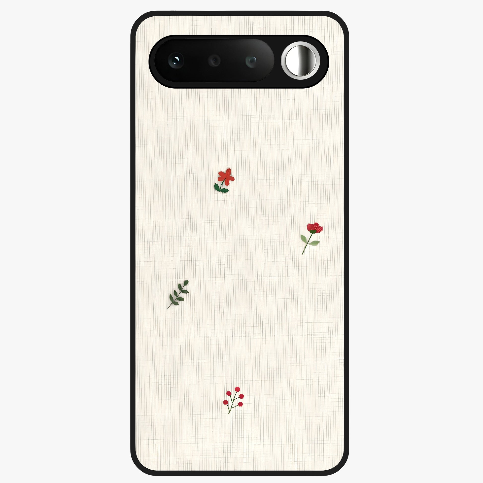 Minimal Petal Whispers Glass Case showing flat back view with soft minimal floral artwork and glossy glass finish.