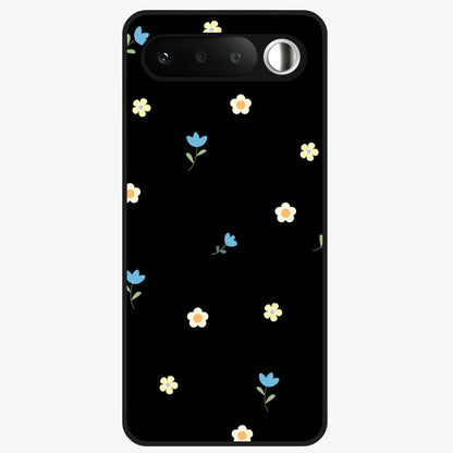 Minimalistic Blue With White Flower Pattern Glass Case showing flat back view with blue background and white flower pattern and glossy glass finish.
