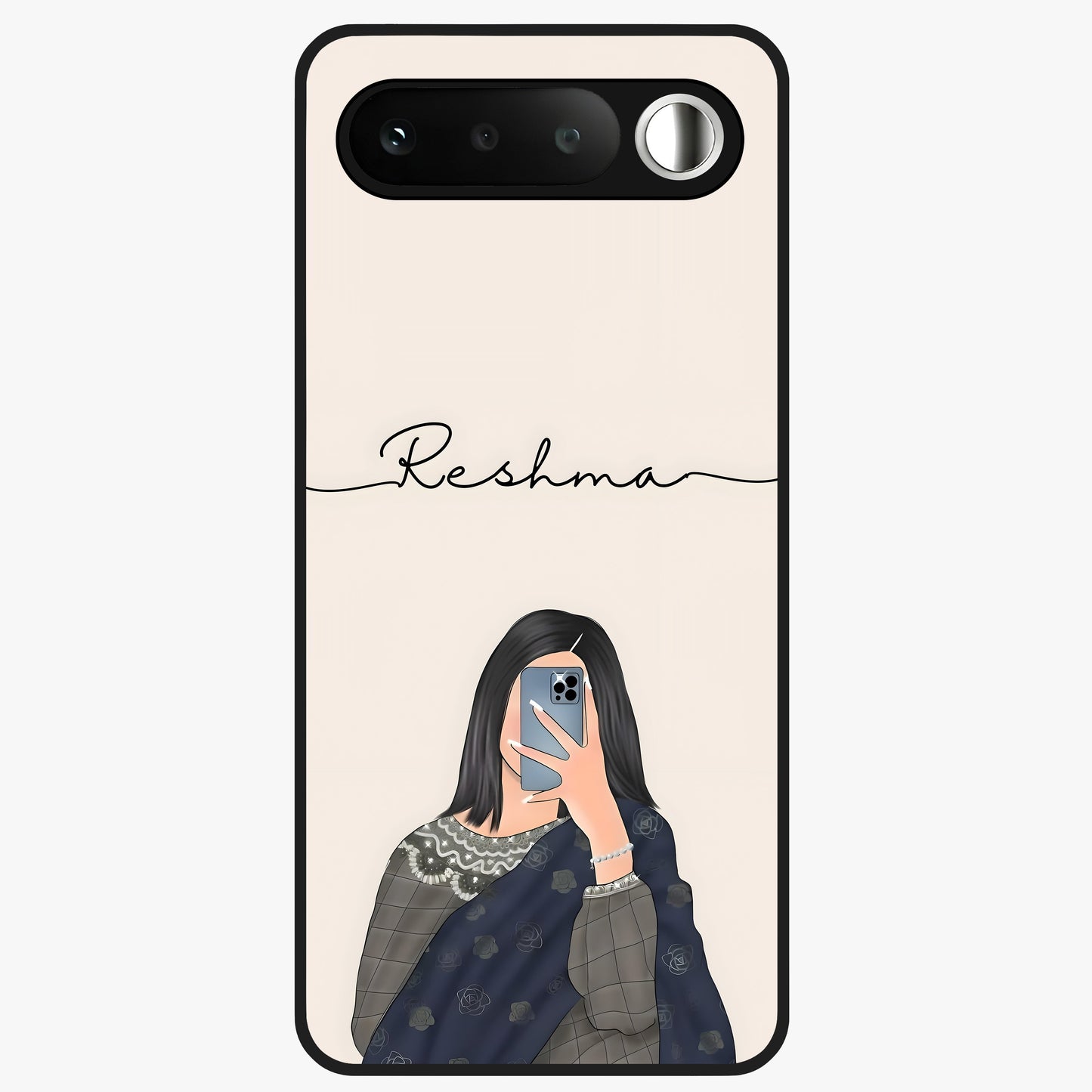 Mirror Mood Muse With Custom Name Glass Case showing flat back view with stylish mirrored artwork and personalized name design.