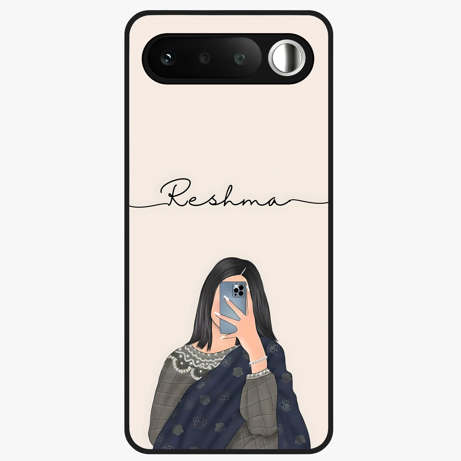 Mirror Mood Muse With Custom Name Glass Case showing flat back view with stylish mirrored artwork and personalized name design.