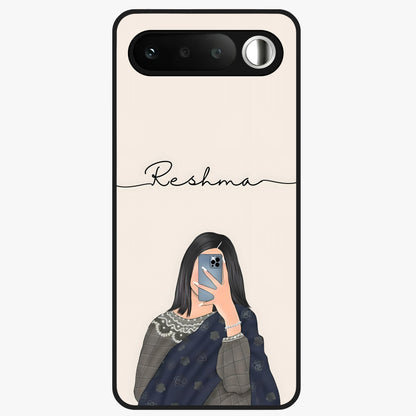 Mirror Mood Muse With Custom Name Glass Case showing flat back view with stylish mirrored artwork and personalized name design.