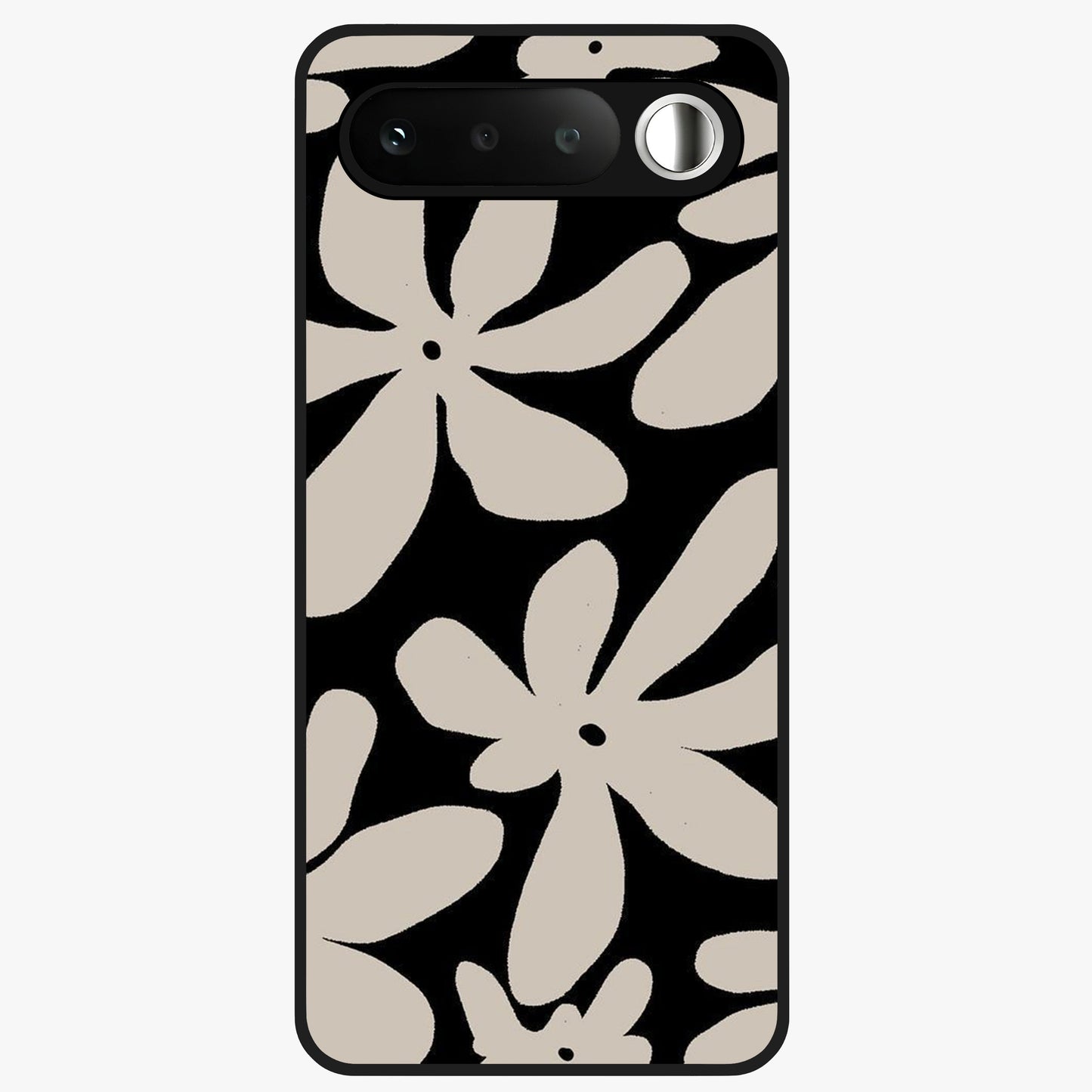 Monochrome Petal Dance Glass Case showing flat back view with monochrome floral artwork and glossy glass finish.