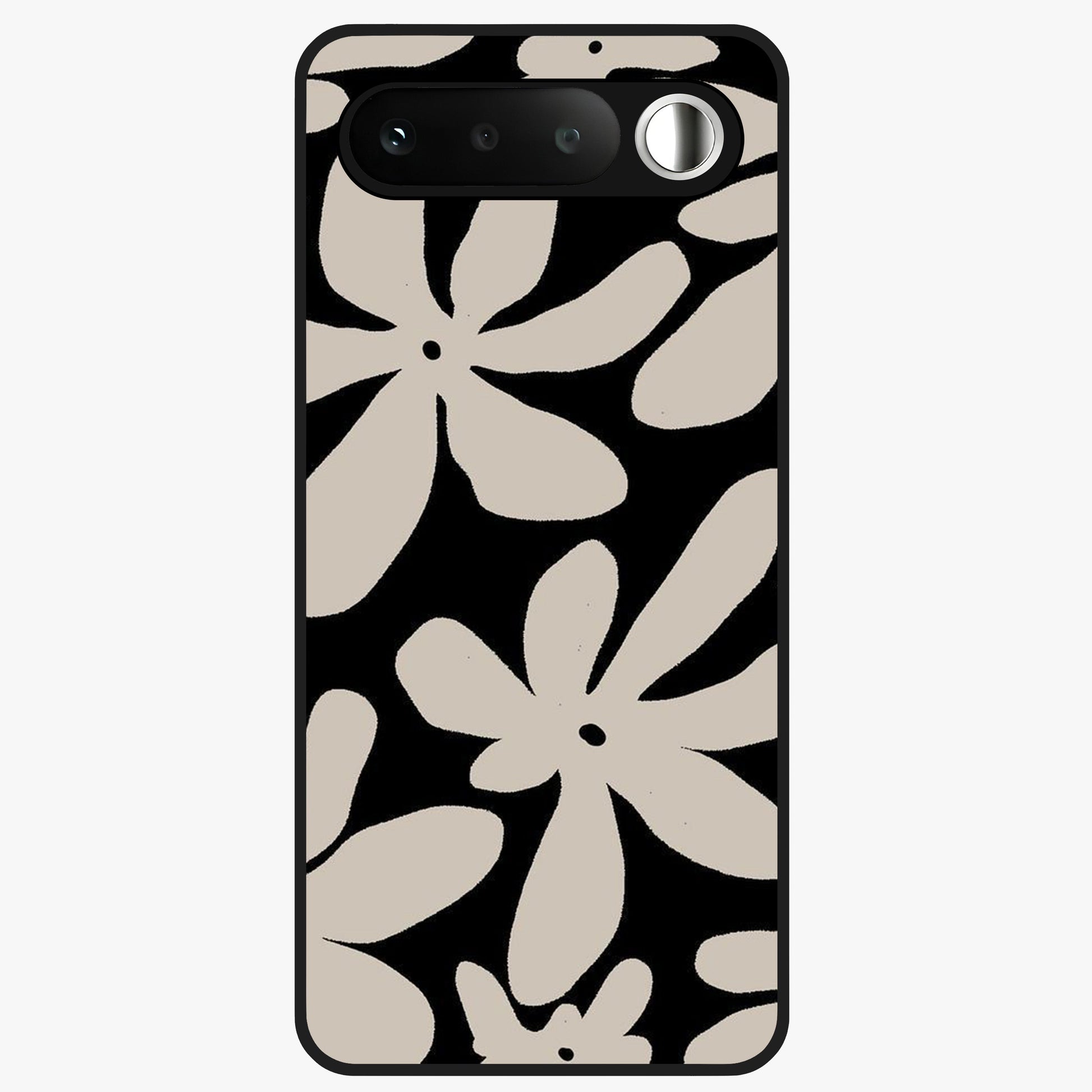 Monochrome Petal Dance Glass Case showing flat back view with monochrome floral artwork and glossy glass finish.