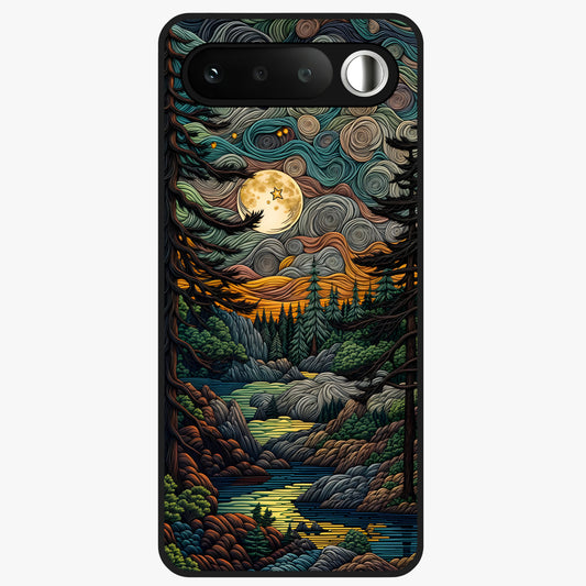 Moonlight Forest Dream Glass Case showing flat back view with mystical forest moonlight artwork and glossy glass finish.