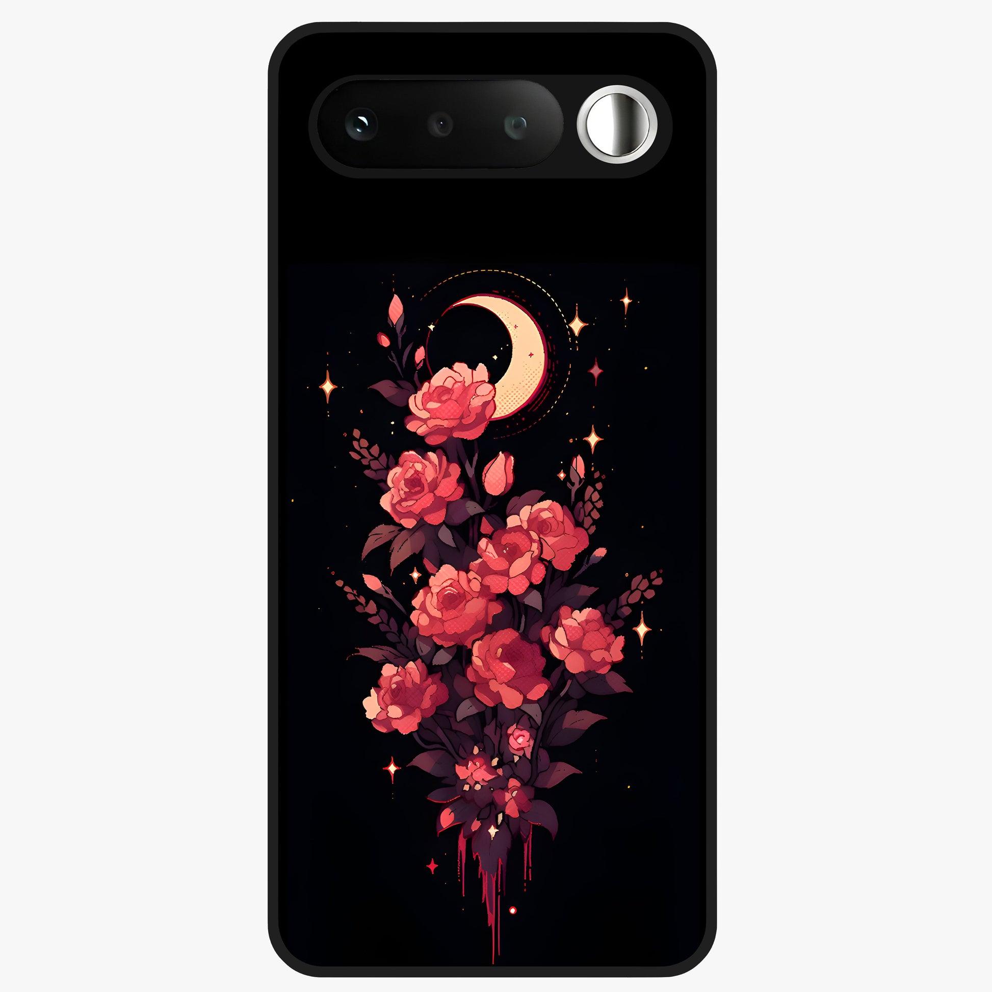 Moonlit Floral Elegance Glass Case showing flat back view with elegant floral artwork under moonlit tones and glossy glass finish.
