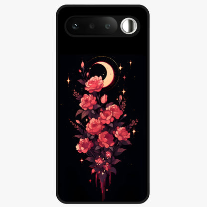 Moonlit Floral Elegance Glass Case showing flat back view with elegant floral artwork under moonlit tones and glossy glass finish.