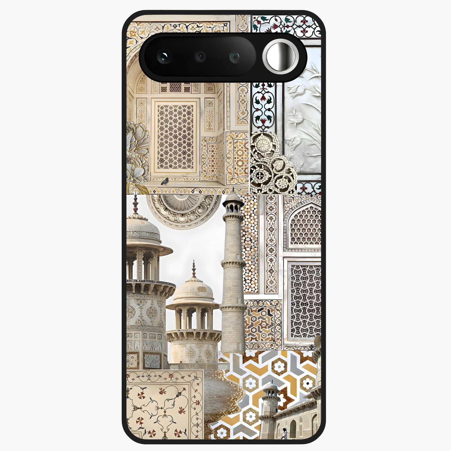 Mughal Marble Legacy Glass Case showing flat back view with intricate Mughal inspired marble pattern and glossy glass finish.