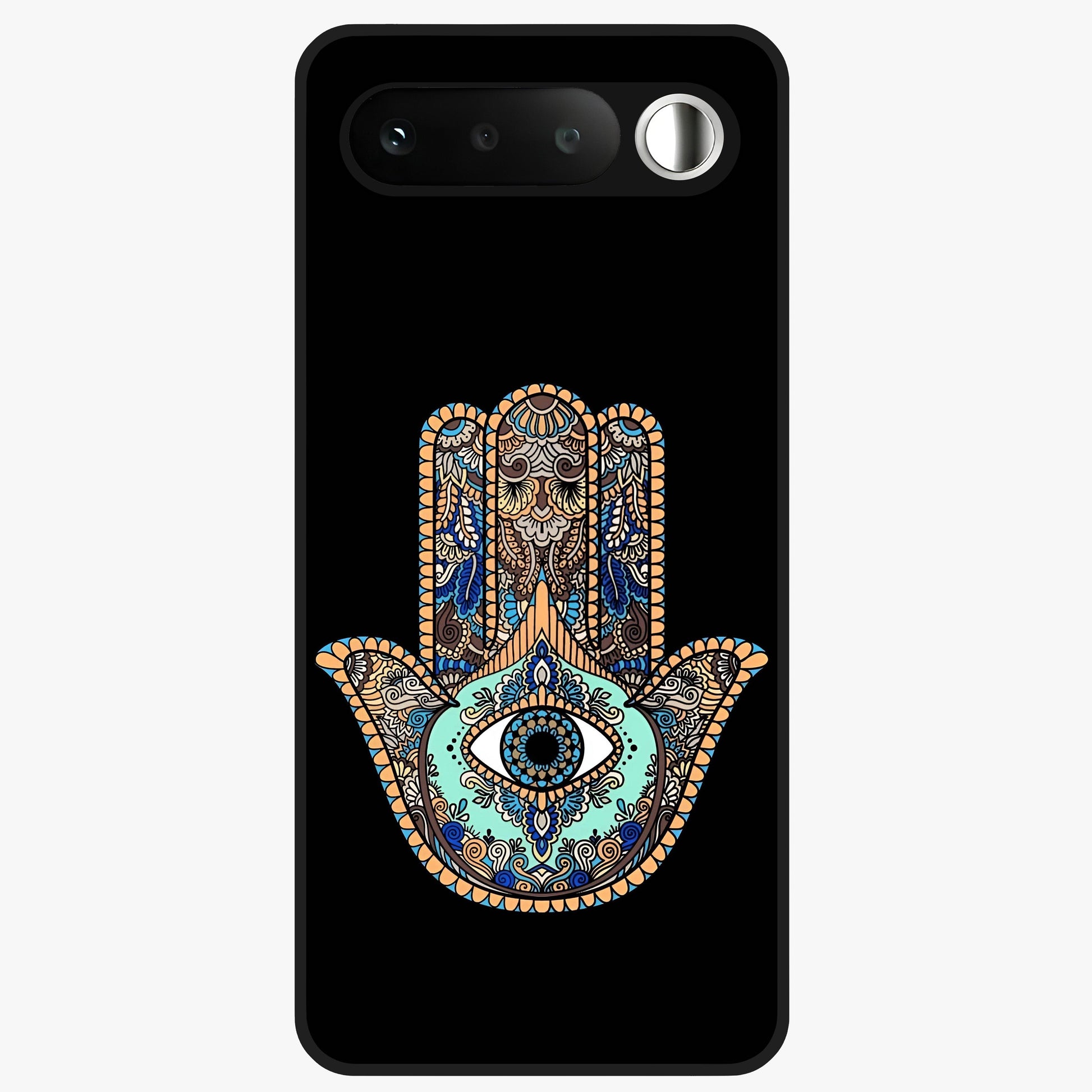 Mystic Hamsa Eye Glass Case showing flat back view with protective hamsa hand and evil eye artwork and glossy glass finish.