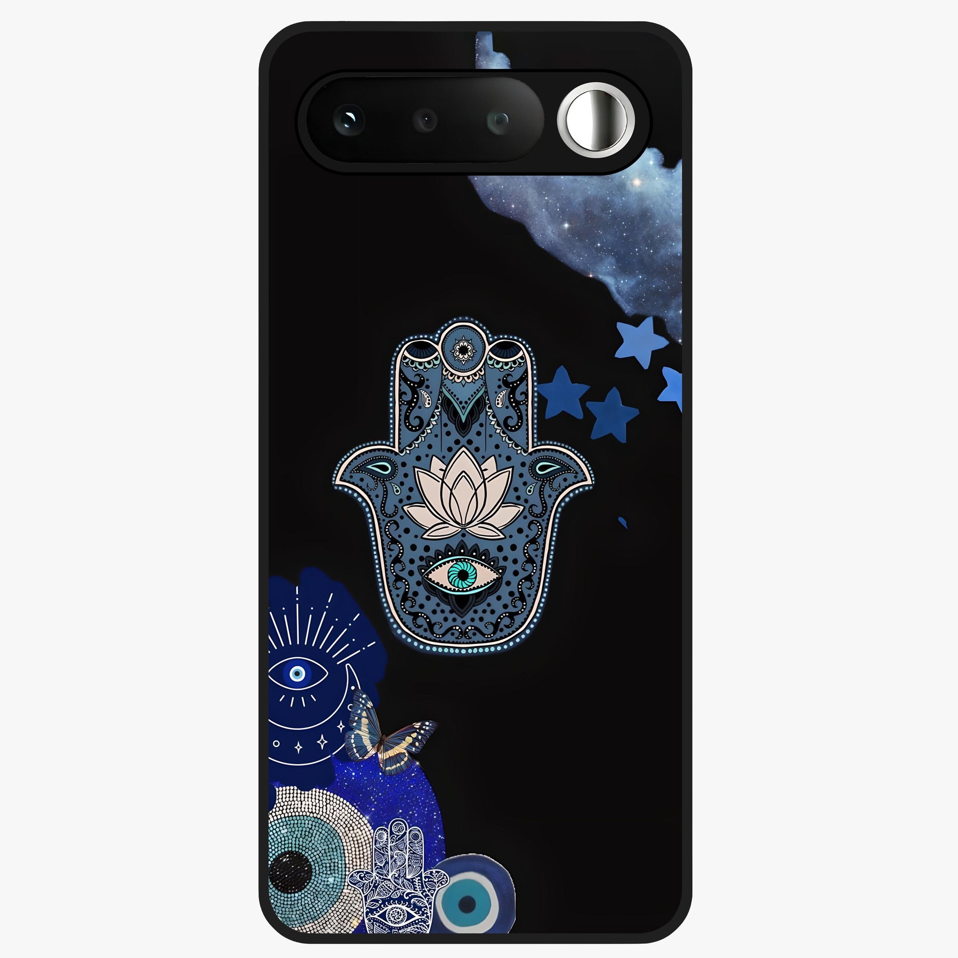Mystic Hand Aura Glass Case showing flat back view with mystical hand symbol artwork and glossy glass finish.