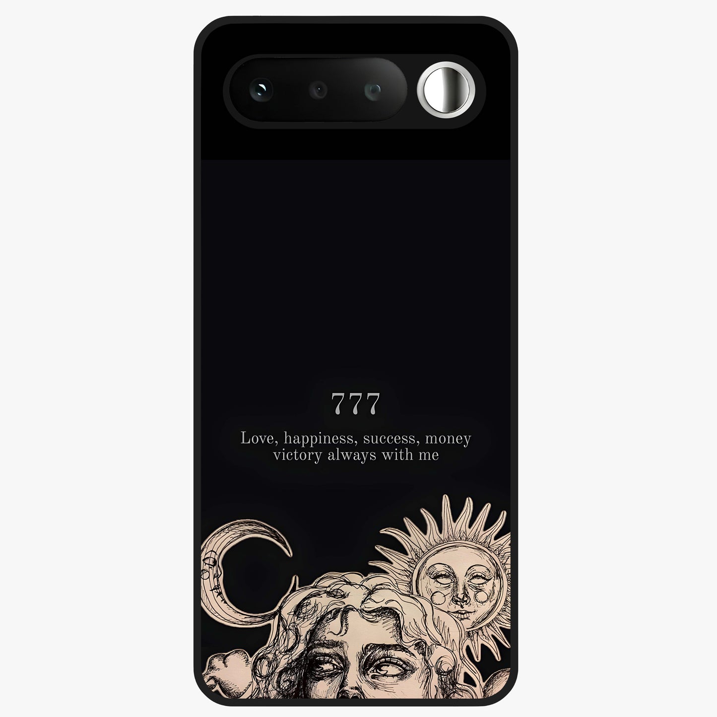 Mystic Victory Aura Glass Case showing flat back view with victory symbol artwork and glossy glass finish.