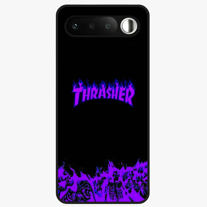 Neon Flame Riot Glass Case showing flat back view with neon flame artwork and glossy glass finish.