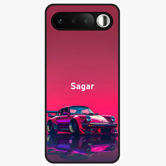 Neon Pink Porsche Glass Case showing flat back view with stylish sports car artwork and glossy glass finish.