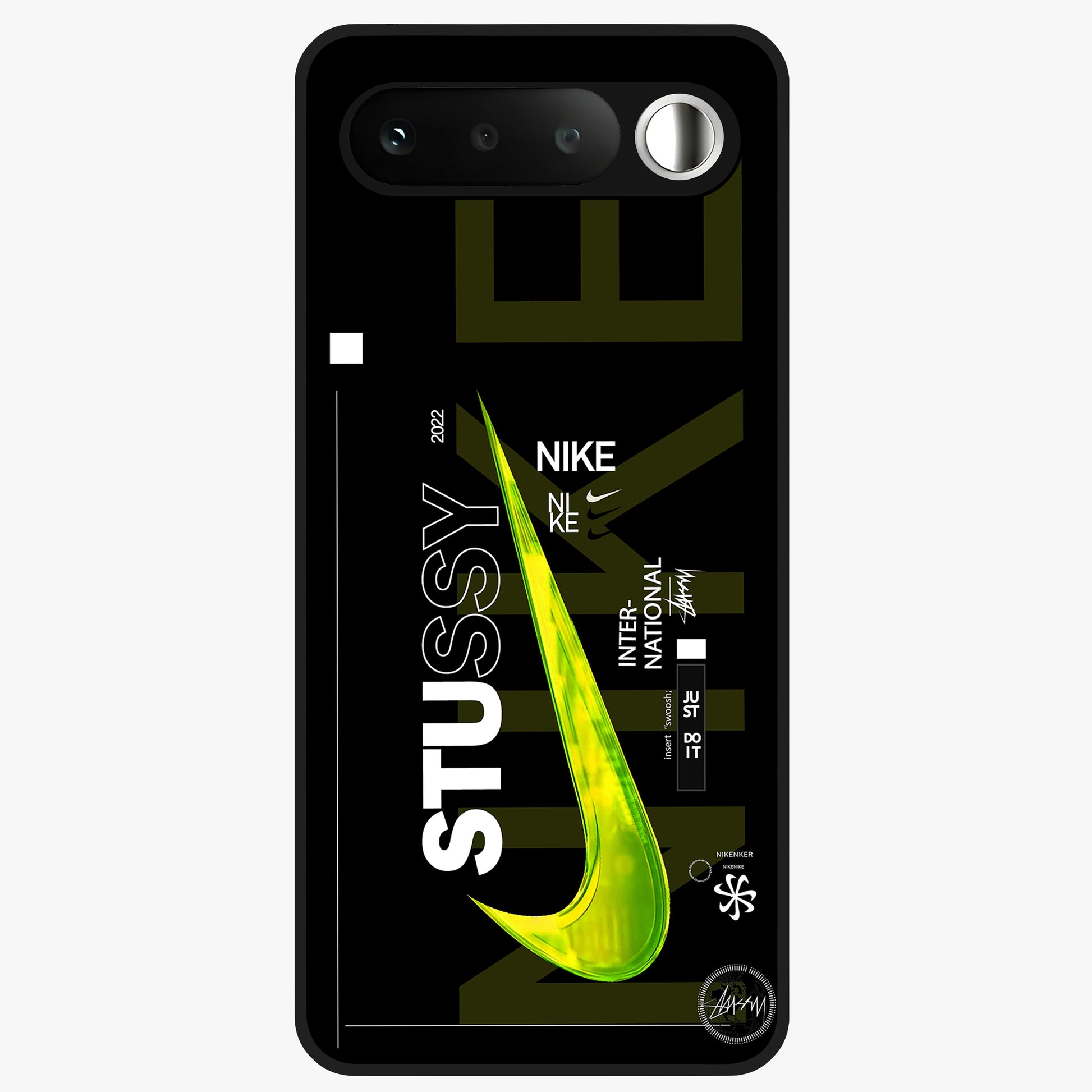 Neon Street Edition Glass Case showing flat back view with neon street style artwork and glossy glass finish.