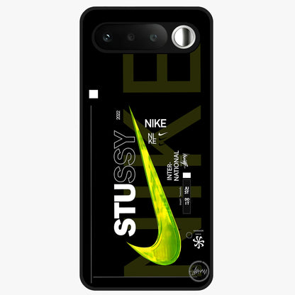 Neon Street Edition Glass Case showing flat back view with neon street style artwork and glossy glass finish.