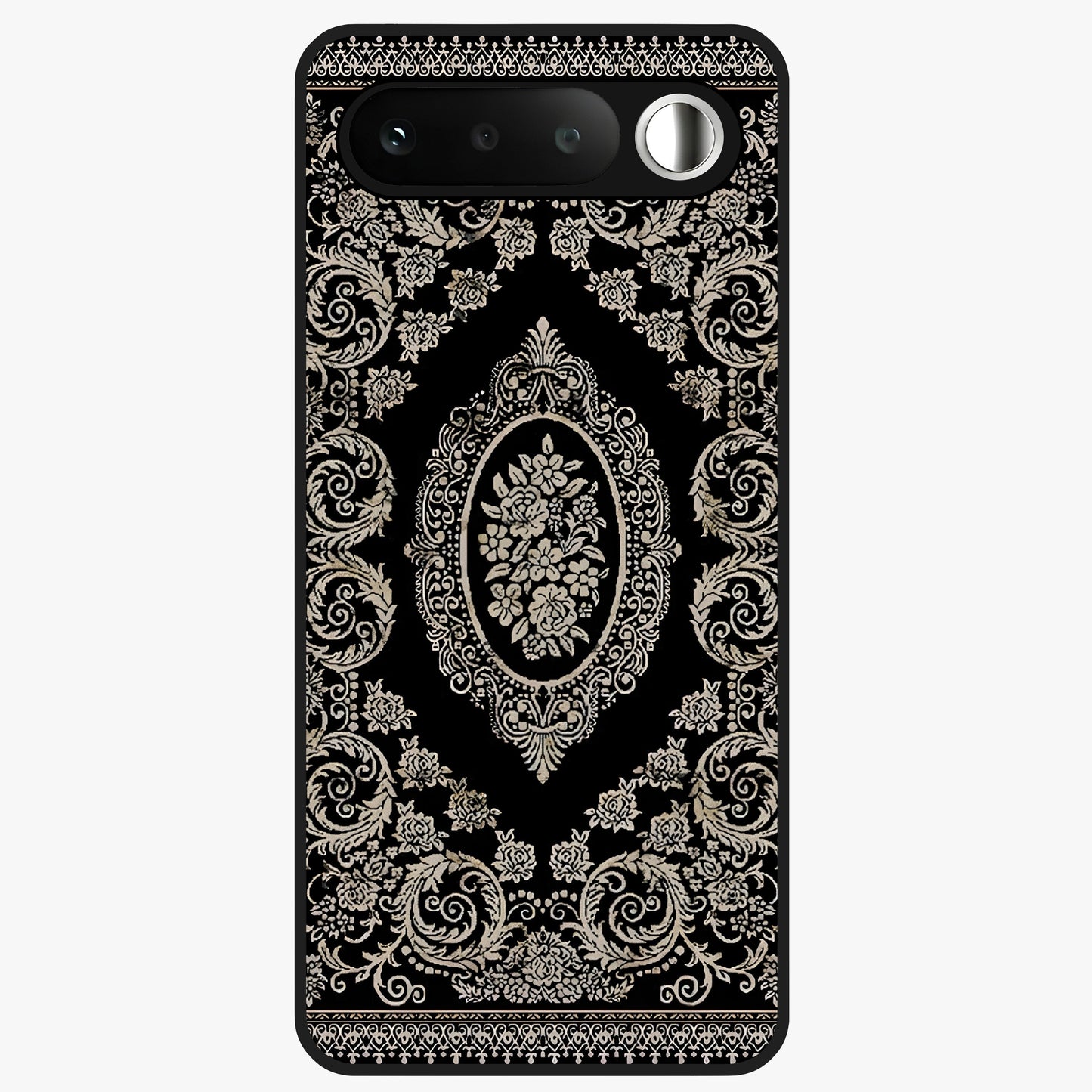 Noir Bloom Elegance Glass Case showing flat back view with elegant dark floral artwork and glossy glass finish.