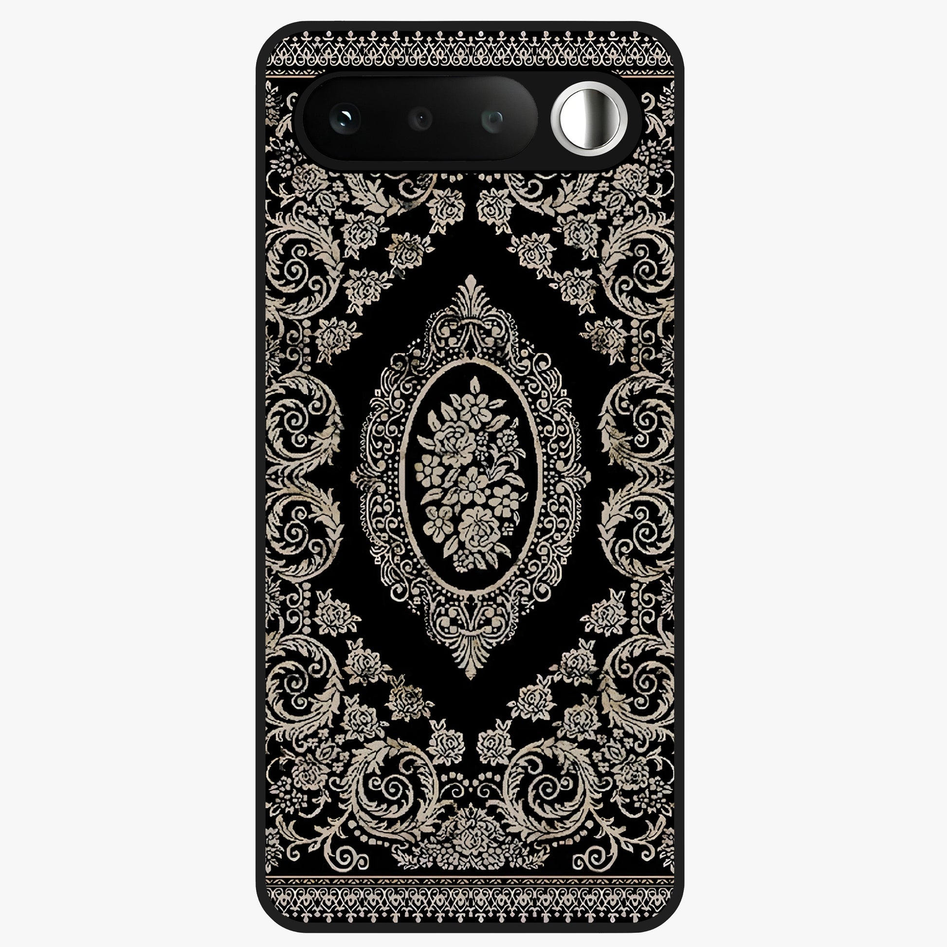 Noir Bloom Elegance Glass Case showing flat back view with elegant dark floral artwork and glossy glass finish.