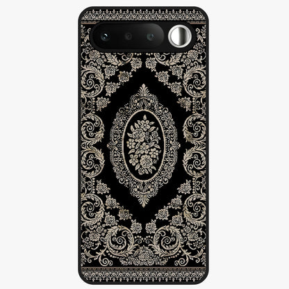 Noir Bloom Elegance Glass Case showing flat back view with elegant dark floral artwork and glossy glass finish.
