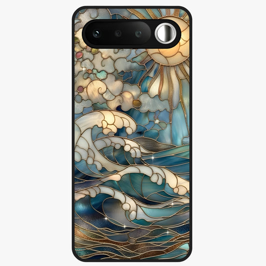 Oceanic Stained Printed Glass Case showing flat back view with ocean inspired stained pattern artwork and glossy glass finish.