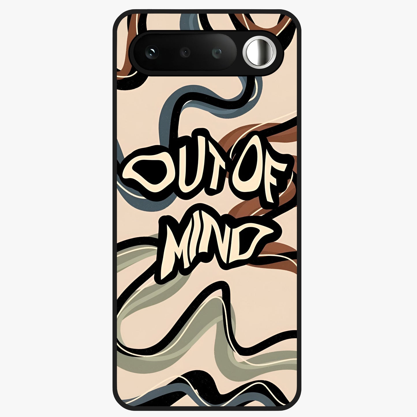 Out Of Mind Glass Case showing flat back view with expressive typography artwork and glossy glass finish.
