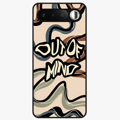 Out Of Mind Glass Case showing flat back view with expressive typography artwork and glossy glass finish.