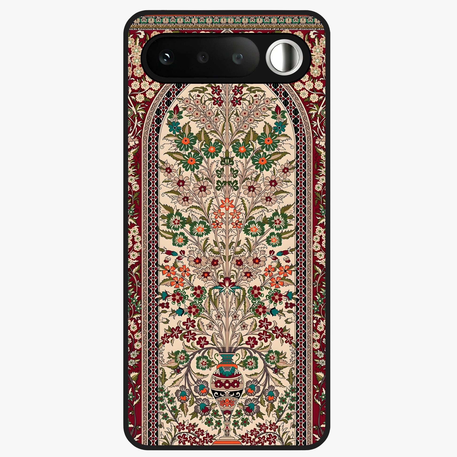 Persian Inspired Glass Case showing flat back view with ornate Persian style pattern artwork and glossy glass finish.