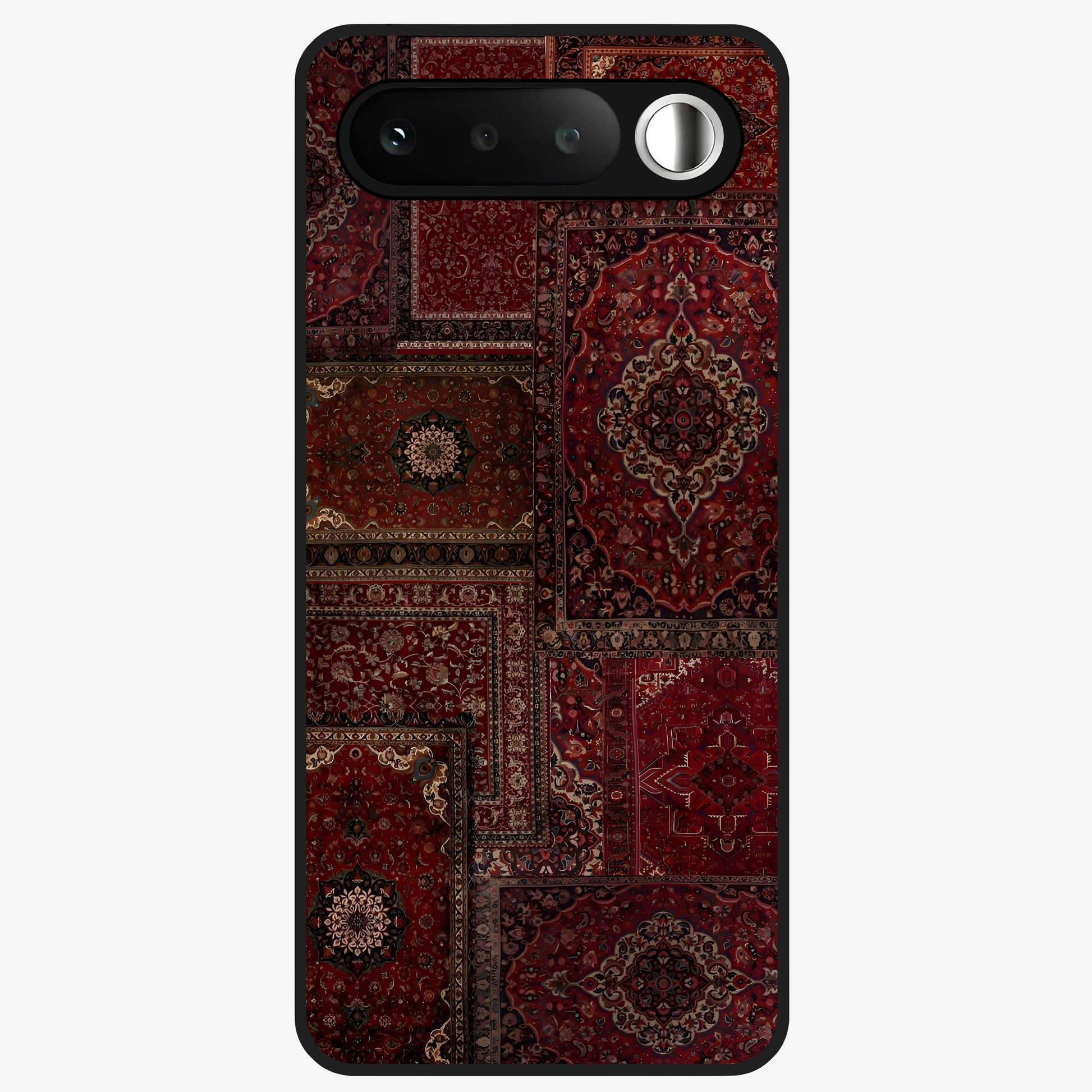 Persian Velvet Tale Glass Case showing flat back view with luxurious Persian velvet pattern artwork and glossy glass finish.