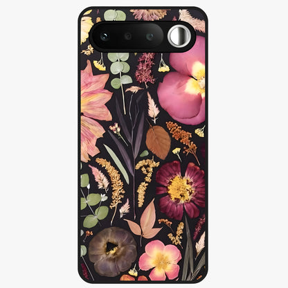 Petal Dream Tapestry Glass Case showing flat back view with intricate floral tapestry artwork and glossy glass finish.