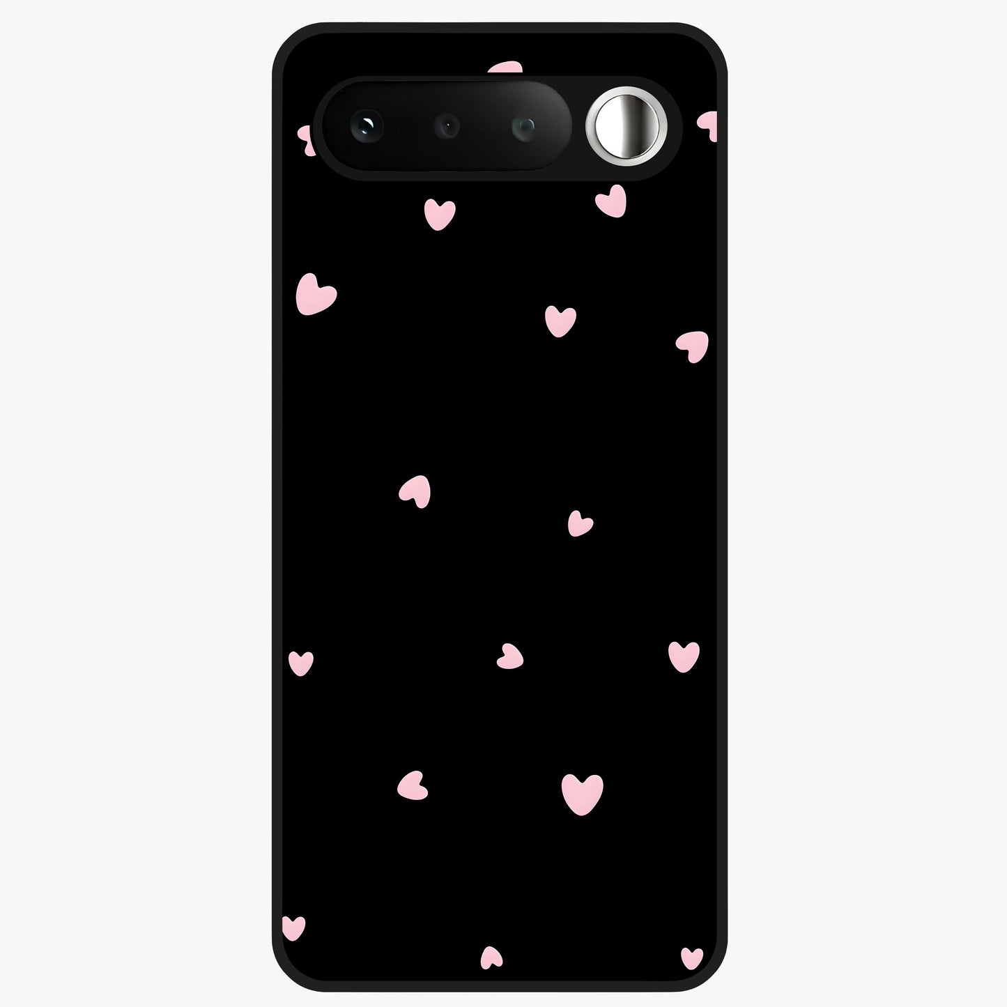Pink Love Drops Glass Case showing flat back view with playful pink heart drops artwork and glossy glass finish.