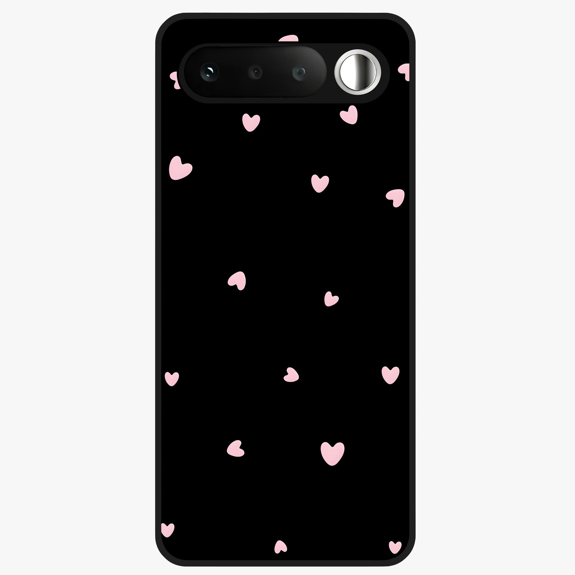 Pink Love Drops Glass Case showing flat back view with playful pink heart drops artwork and glossy glass finish.