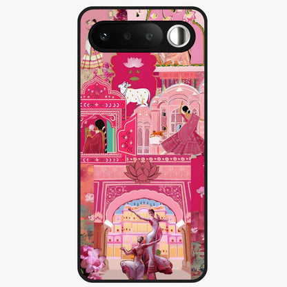 Pink Palace Muse Glass Case showing flat back view with elegant palace inspired artwork and glossy glass finish.