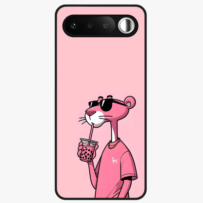 Pink Panther Glass Case showing flat back view with iconic pink panther artwork and glossy glass finish.