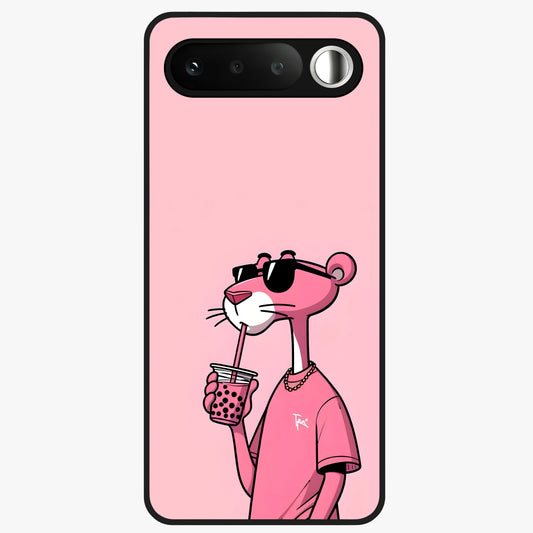 Pink Panther Glass Case showing flat back view with iconic pink panther artwork and glossy glass finish.